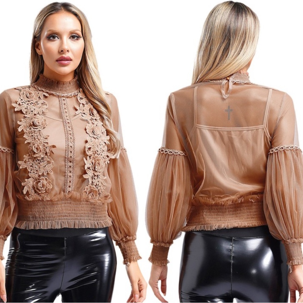Molly Bracken Floral Lace Sheer Blouse Tan Long Lantern Sleeves Tops Mesh